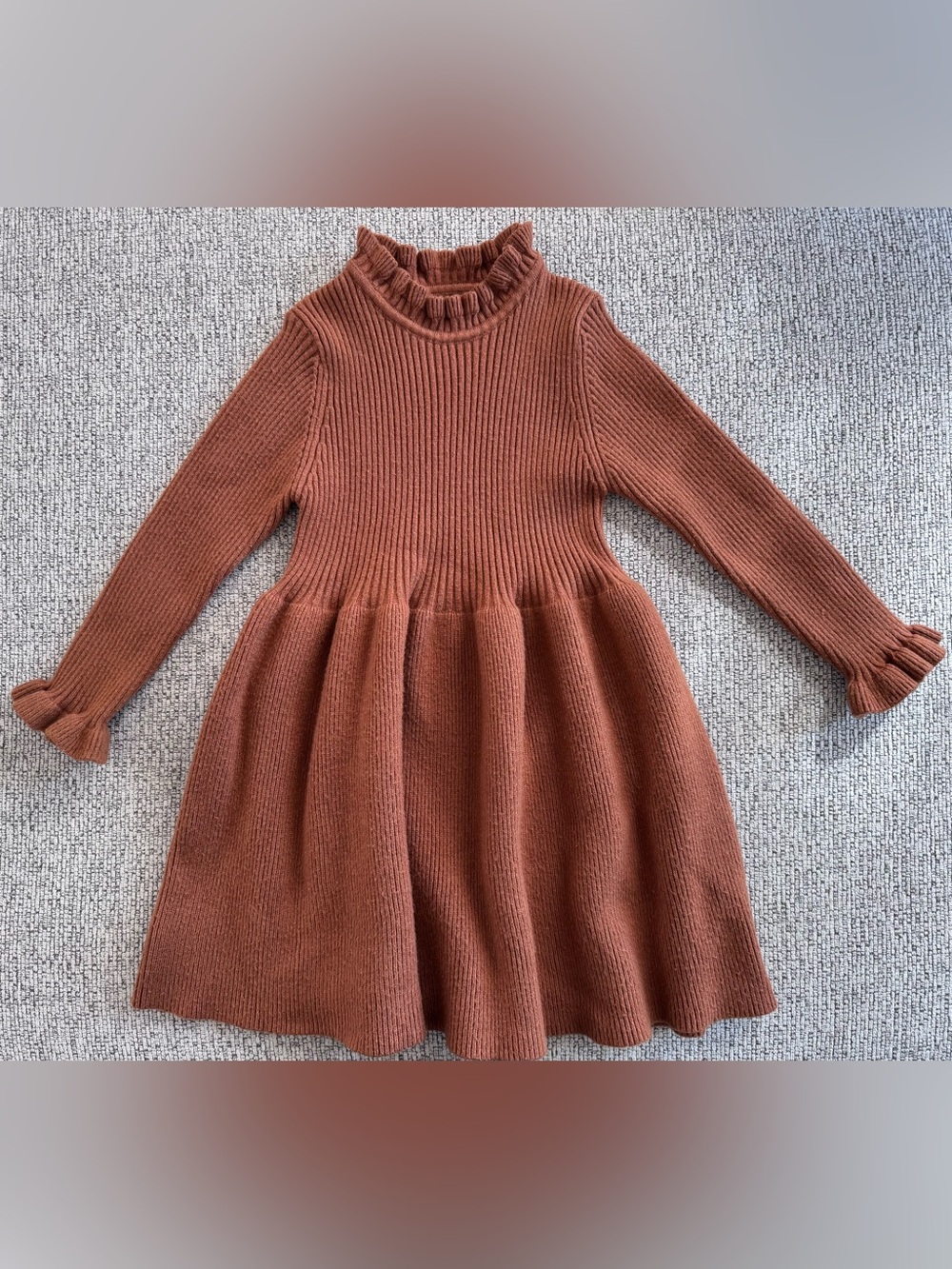 Simplee Kids 4T Brown Ribbed Knit Ruffle Neck Sweater Dress